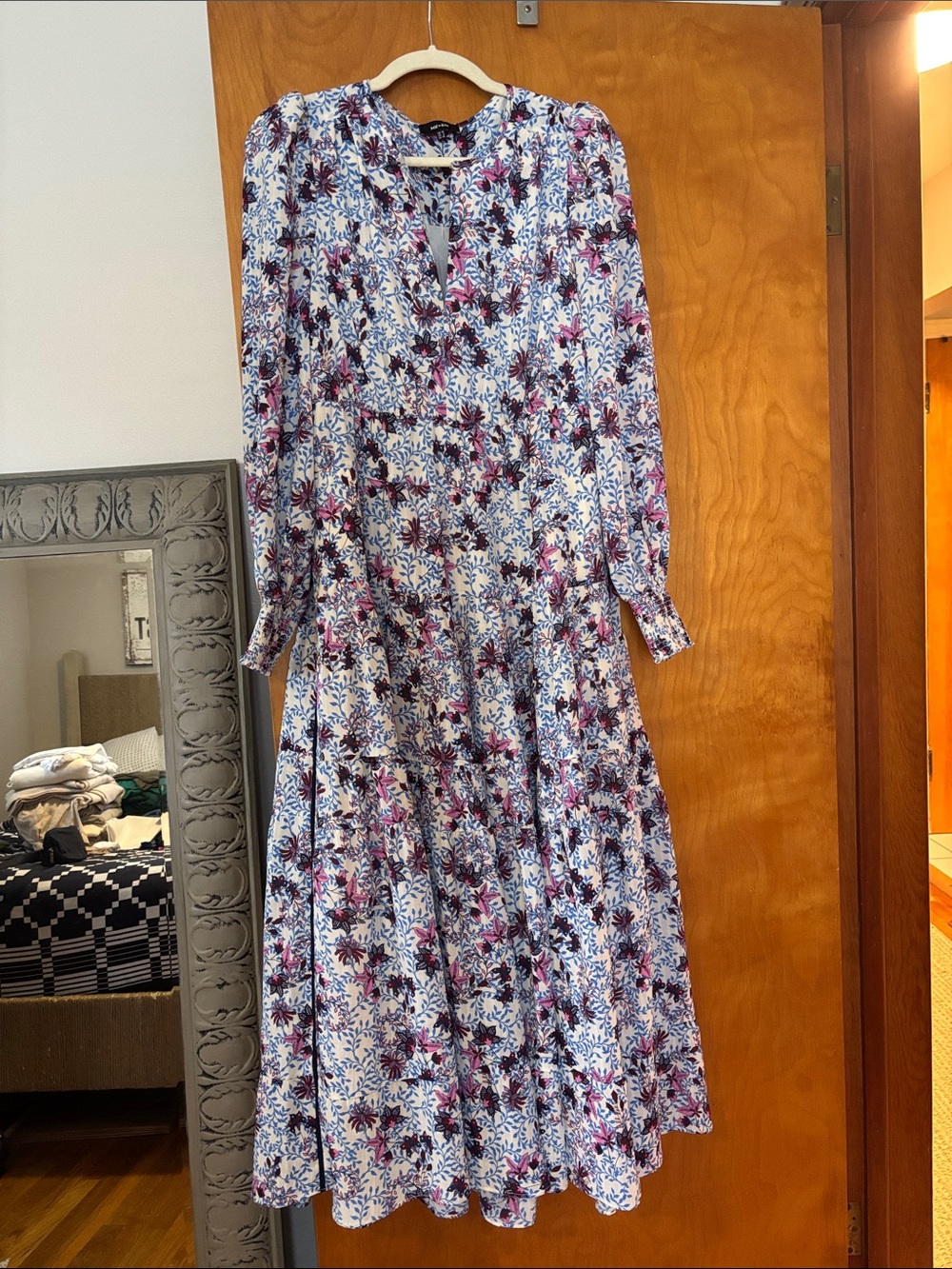 ME+EM White Floral Midi Dress with Blue and Purple Print